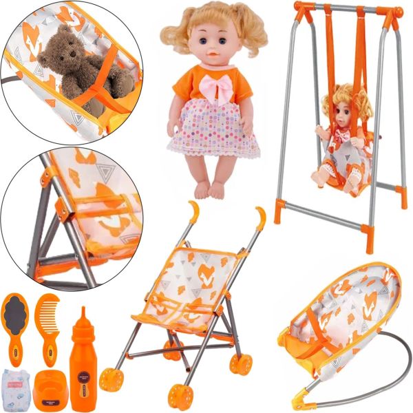 Детский набор Baby Play House CS0848-7A Лисички качели шезлонг качалка коляска и кукла, Комплект с куклой и аксессуарами для куклы и игрушек