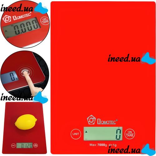 Domotec MS-912 Kitchen Electronic Scales from 1 g to 7 kg, MX-402 Rectangular sensor scales with a flat platform for weighing products Red