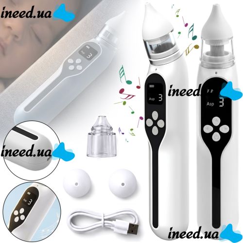 Детский аккумуляторный назальный аспиратор Baby Nasal Aspirator NS-D1004 электрический соплеотсос для носа с насадками и встроенной музыкой от USB