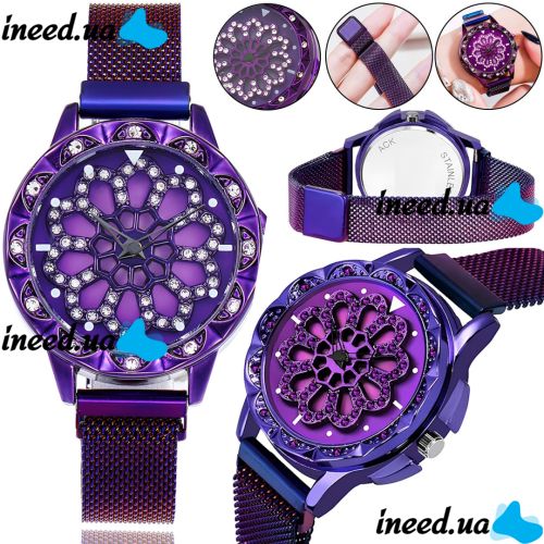 Жіночий наручний годинник Flower Diamond Rotation Watch Purple WJ-8052 з обертовим роторним циферблатом і ремінцем на магнітній застібці Фіолетові