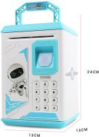 Children's electronic piggy bank safe Robot Bodyguard Blue, bill acceptor, Safe-piggy bank with combination lock for paper bills, coins with fingerprint
