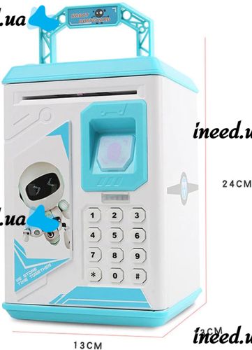Children's electronic piggy bank safe Robot Bodyguard Blue, bill acceptor, Safe-piggy bank with combination lock for paper bills, coins with fingerprint