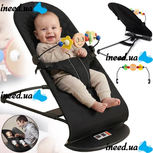 Детский шезлонг качалка Love Baby M00042-1 люлька с регулировкой наклона, дугой и игрушкой для новорождённого ребенка до 13 кг BabyBjörn Черная