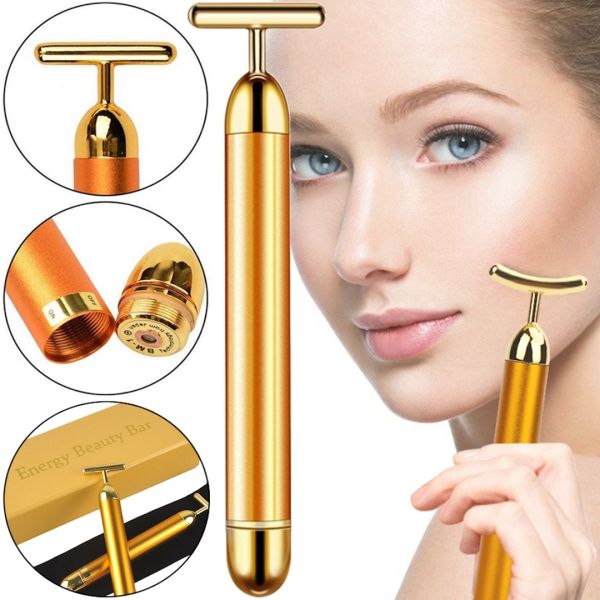 Ion vibration massager for face and neck Revoskin Gold Energy Beauty Bar Revoskin electric massager for lifting and skin rejuvenation on battery