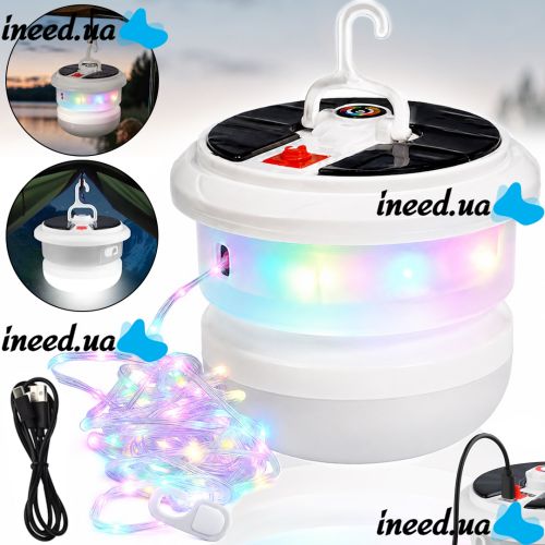 Аккумуляторный фонарь с RGB лентой Camping Light YX-669 подвесная LED лампа на солнечной батарее с гирляндой 10 м и крючком для кемпинга USB YX669
