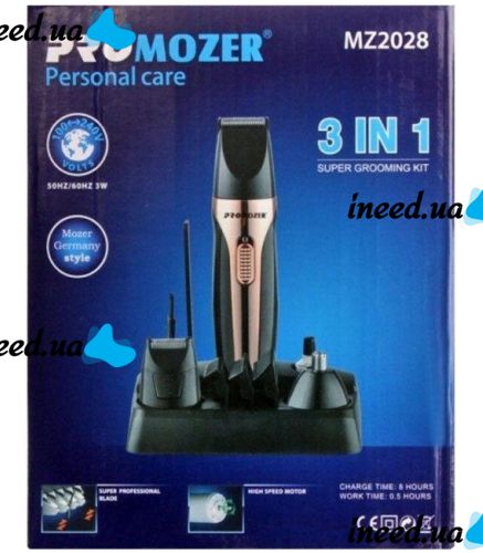 Бездротова машинка ProMozer MZ-2028 6 насадок для стрижки волосся бороди, носа і вух, Акумуляторний тример Мозер MZ2028 з насадками і підставкою