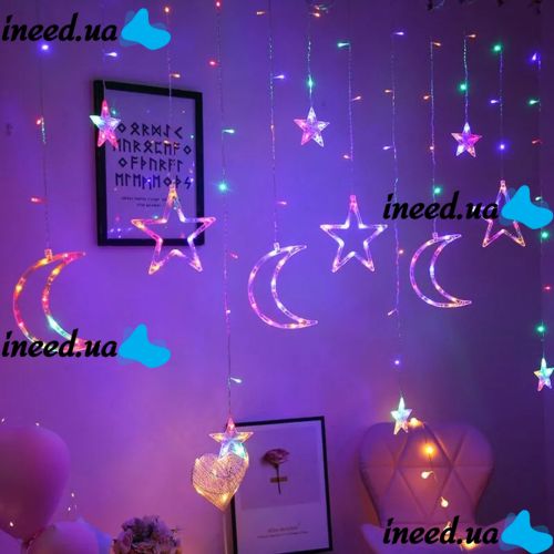Внутренняя цветная гирлянда занавес Луна Звезды Star Moon Style 2.5Х1 м 138 LED диодов M, светодиодная RGB гирлянда-занавес на окно 2.5мх1м 220V