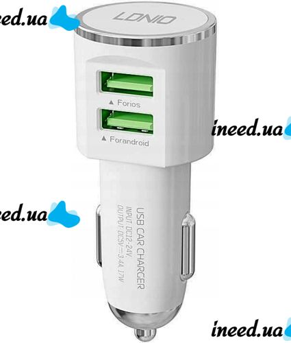 Автомобільний зарядний пристрій Ldnio DL-C29 Car Charger 2USB 3.4 A адаптер живлення, автозарядка в прикурювач зі шнуром Lightning White Білий