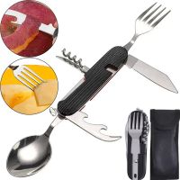 Travel Set of Folding Cutlery 6in1 Explorer MNG-10 Multitool Swiss Fork Spoon Knives Opener Corkscrew for Camping Stainless Steel