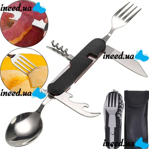 Travel Set of Folding Cutlery 6in1 Explorer MNG-10 Multitool Swiss Fork Spoon Knives Opener Corkscrew for Camping Stainless Steel