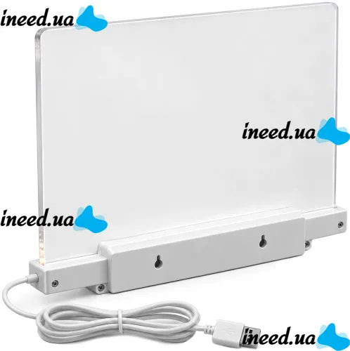Acrylic LED Drawing Board T-466: LED Table Lamp on a Stand with Backlight and Markers for Notes, 15 x 15 cm, USB