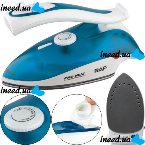 RAF R.1259B 800W folding hand iron with temperature regulator and water tank, RAF R.1259B 800W folding hand iron with ceramic soleplate steamer, RAF ceramic soleplate steam iron