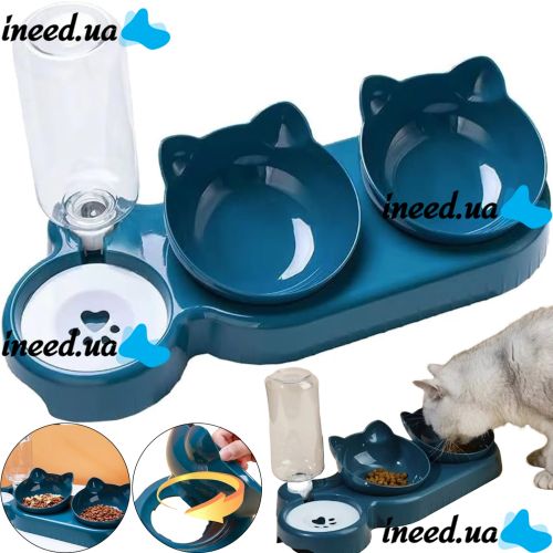 Потрійна годівниця для води з кормом Cat Bowl with Water Dispenser з автоматичною поїлкою 500мл для собак і кішок, поїлка з двома мисками для корму