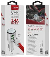 Автомобільний зарядний пристрій Ldnio DL-C29 Car Charger 2USB 3.4 A адаптер живлення, автозарядка в прикурювач зі шнуром Lightning White Білий