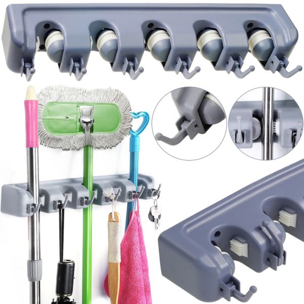 Настенный держатель для швабры и щеток Broom Holder mh-05 держатель-органайзер на 5 отсеков и 6 крючков органайзер фиксатор для инвентаря Серый