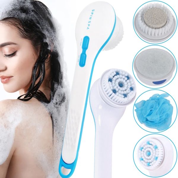 Spin Spa 5-in-1 massage brush for washing and cleansing the face and body, electric massager for shower, bathtub, massager brush with replaceable nozzles White