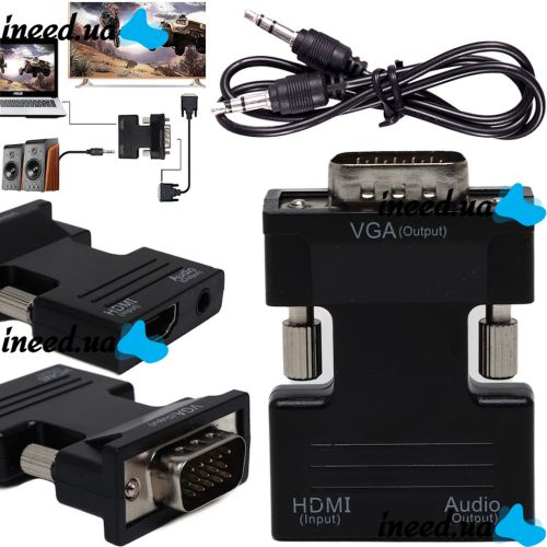 Конвертер HDMI-VGA OUT Black адаптер для перетворення сигналу 1080p з аудіо виходом, перехідник з HDMI на VGA кабель 3.5 мм jack Чорний