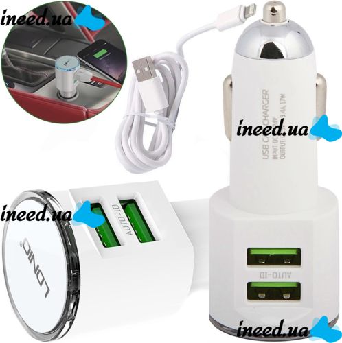 Автомобільний зарядний пристрій Ldnio DL-C29 Car Charger 2USB 3.4 A адаптер живлення, автозарядка в прикурювач зі шнуром Lightning White Білий