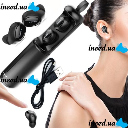 Бездротові Bluetooth навушники з кейсом Awei T5 Black вакуумні навушники-гарнітура з шумозаглушенням і мікрофоном блютуз в чохлі док-станція чорні