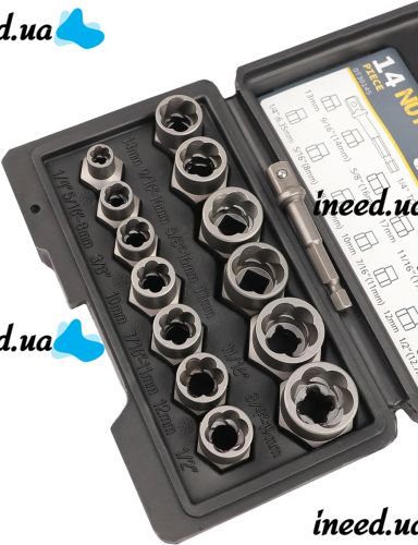 Nut Extractor ES-14 extractor kit a set of tools for removing and removing impact damaged bolts, nuts and screws in a case of 14 pieces