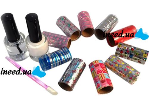 Manicure and Pedicure Kit Fab Foils 13 in 1 Set of Transfer Foil 10 Rolls, Decorative Sliders with Nail Polish for Nail Design and Decor