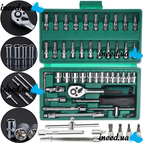 Набір ключів з тріскачкою для авто 46 інструментів Tool Set в кейсі комплект автоінструментів головок біт для машини в пластиковій валізі 24Х12. 5 см