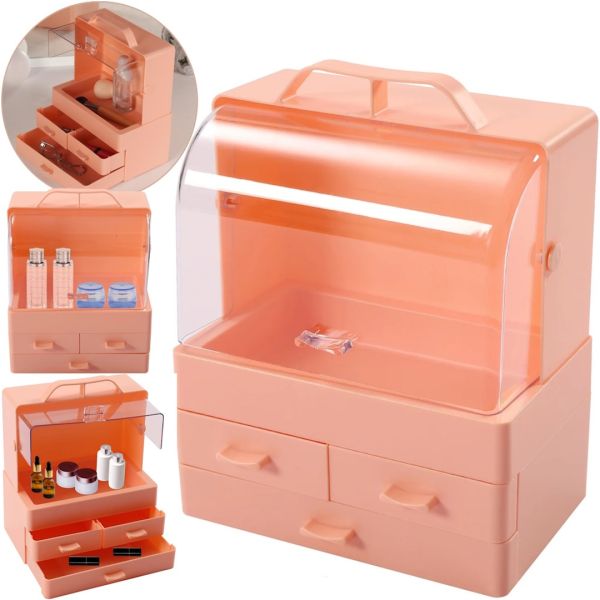 Настольный органайзер для хранения косметики Cosmetic Storage Box GW-880 косметическая полочка 4 секции с выдвижными ящиками и ручкой Розовая
