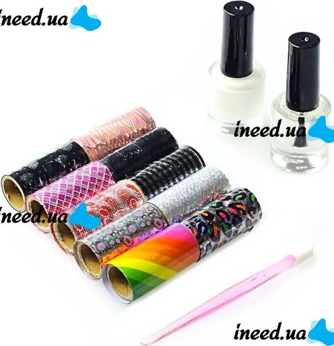 Manicure and Pedicure Kit Fab Foils 13 in 1 Set of Transfer Foil 10 Rolls, Decorative Sliders with Nail Polish for Nail Design and Decor