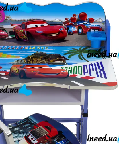 Bambi Disney Cars B-43507 Children's Desk and Chair Set: Lightning McQueen, Height-Adjustable Desk and Chair with Bookrest, Blue