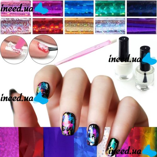 Manicure and Pedicure Kit Fab Foils 13 in 1 Set of Transfer Foil 10 Rolls, Decorative Sliders with Nail Polish for Nail Design and Decor