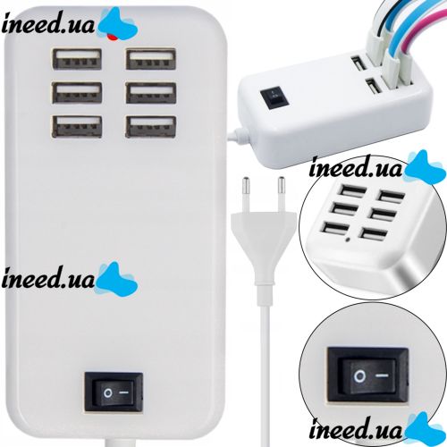 Мережевий зарядний пристрій USB Desktop Charger 20W на 6 портів з вимикачем, Зарядка адаптер для зарядки телефонів на 6 роз'ємів від мережі Білий