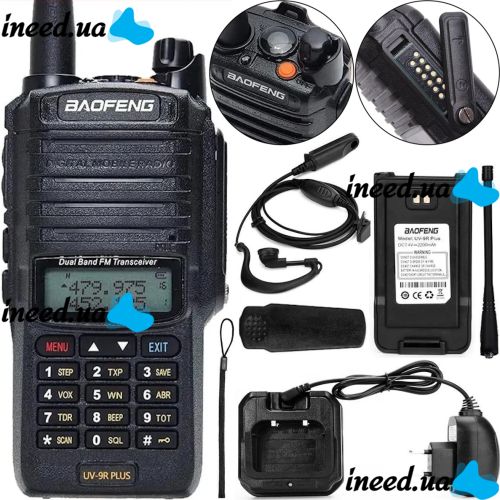 Двухдиапазонная рация радиоприемник Baofeng UV-9R Plus 8W на 128 каналов до 10 км, Цифровая радиостанция с гарнитурой и встроенным FM радио Черная