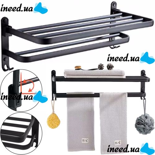 Universal Wall Shelf Holder Matte S1302 2 Tiers for Towels, Adjustable Hanger Organizer on the Wall for Drying Towels Black
