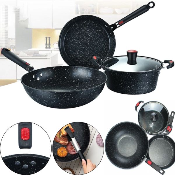 Кухонный набор посуды Longziwei WOK HH23-005 2 сковородки и казанок для приготовления еды 3в1, Казан и сковорода с антипригарным покрытием MAG-782