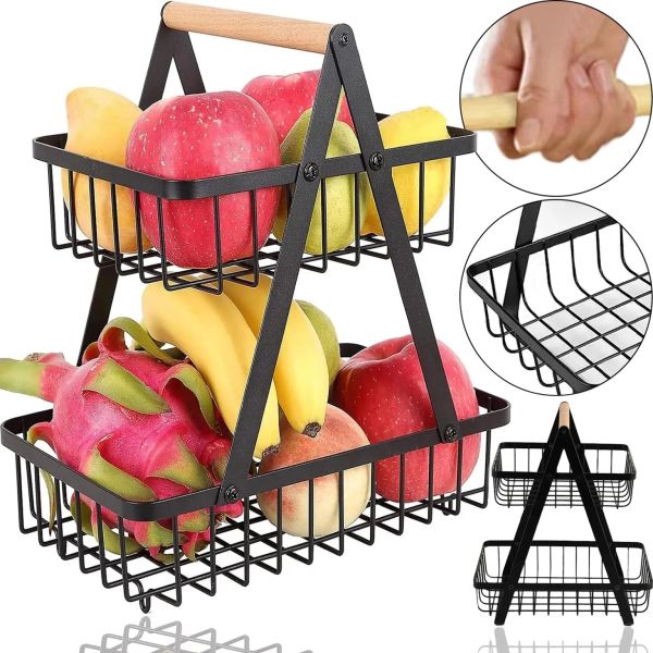 Металлическая двухярусная корзина подставка Fruit Storage Rack Z12-B21 для хранения фруктов и овощей, Настольная этажерка фруктовница на 2 яруса