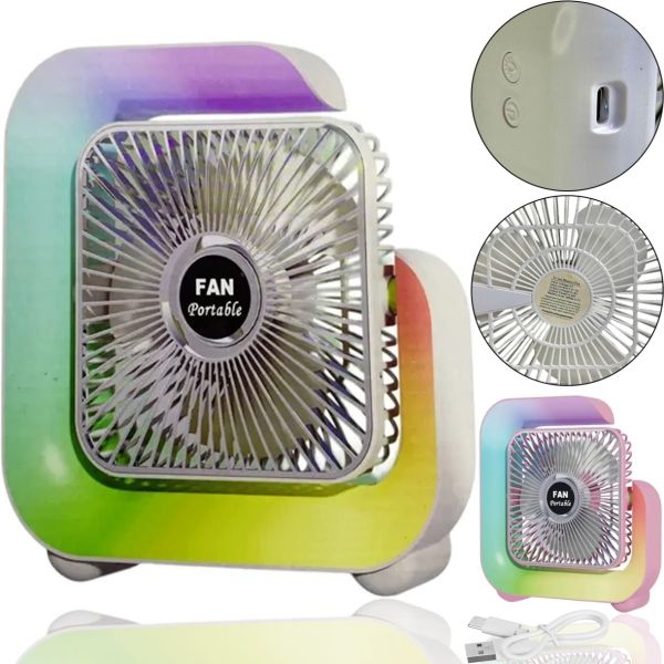 Настольный аккумуляторный вентилятор Colorful Desktop Fan WY-308 с RGB подсветкой, Беспроводной G-образный охладитель воздуха ночник от USB