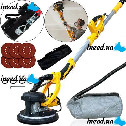 Шліфувальна машина з подовжувачем DeWalt SFMEE500S 215мм з пилозбірником для стін і стель, Шліфувальна машина жираф Деволт з пилососом і підсвічуванням від мережі