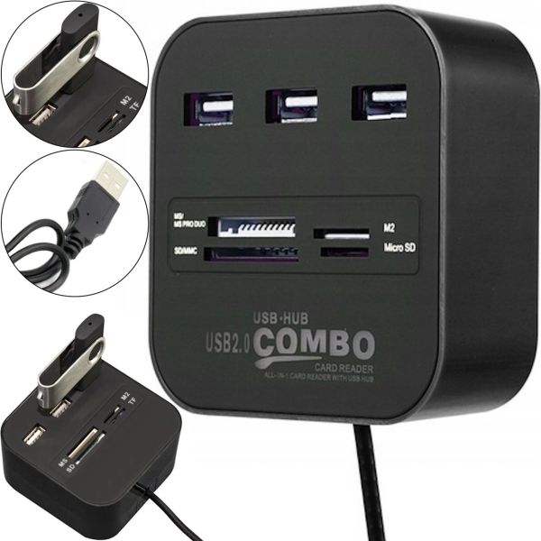 Разветвитель USB Hub Combo C329 7в1 MicroSD MS M2 MMC, Концентратор хаб картридер 3 юсб порта до 480 Мбит/с для компьютера и ноутбука Черный
