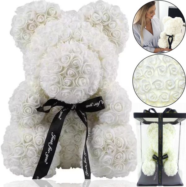 Маленький мишка из искусственных 3D роз Teddy Bear de Luxe 25 см White, белый медведь Тедди