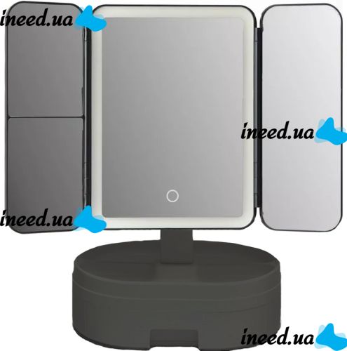 Desktop Triple Mirror Led Lighted WX-810 with Backlight and Organizer for Storing Cosmetics, Cosmetic Rechargeable with Magnification Black