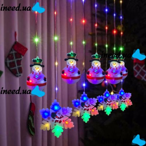 Внутренняя RGB гирлянда штора Xmas 3D фигурки снеговика и снежинки Мультицветная 3x0.7м 95Led M, Новогодняя 300x70 см на окно дома ргб от сети
