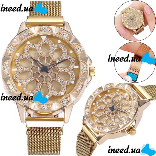 Жіночий наручний годинник Flower Diamond Rotation Watch Gold WJ-8052 з обертовим роторним циферблатом і ремінцем на магнітній застібці Золото