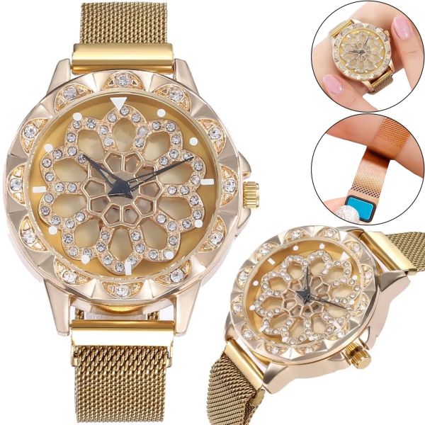 Женские наручные часы Flower Diamond Rotation Watch Gold WJ-8052 с вращающимся роторным циферблатом и ремешком на магнитной застежке Золото