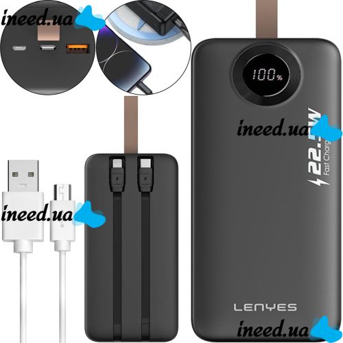 Lenyes PX487D 40000mAh 22.5W Portable Power Bank Charger with LED Display and Cables, External Battery Lightning Type-C Povebank