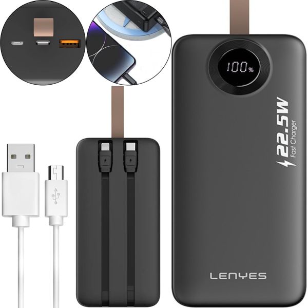 Портативное зарядное устройство Power Bank Lenyes PX487D 40000mAh 22.5W с LED дисплеем и кабелями, Внешний аккумулятор повербанк Lightning Type-C