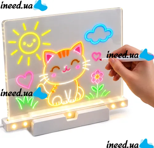 Acrylic LED Drawing Board T-466: LED Table Lamp on a Stand with Backlight and Markers for Notes, 15 x 15 cm, USB