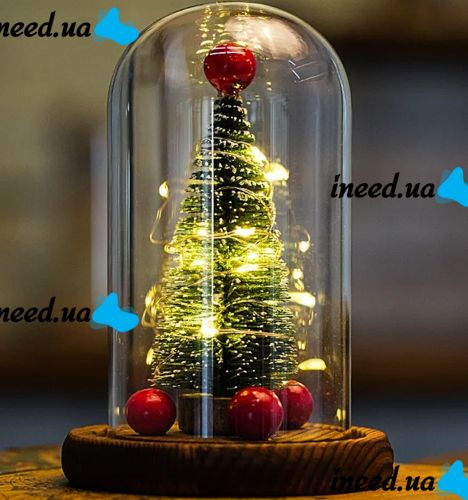 Новорічна ялинка в скляній колбі 15 см Christmas Light з LED гірляндою і кулями, настільний декоративний Різдвяний нічник на батарейках