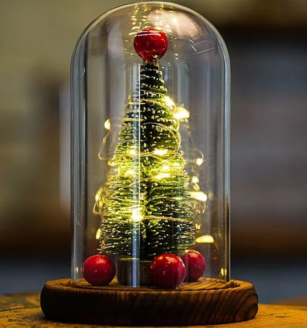 Новогодняя елка в стеклянной колбе 15 см Christmas Light с LED гирляндой и шарами, настольный декоративный рождественский ночник на батарейках