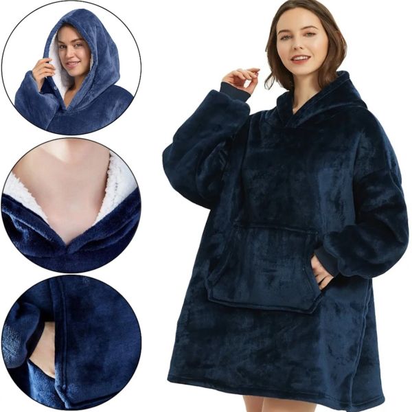 Hoodie Huggle Hoodie Ultra Plush Blanket 2in1 Unisex Oversize Hoodie Sweatshirt Plush Plaid With Fleece Sleeves 74X110 cm Blue