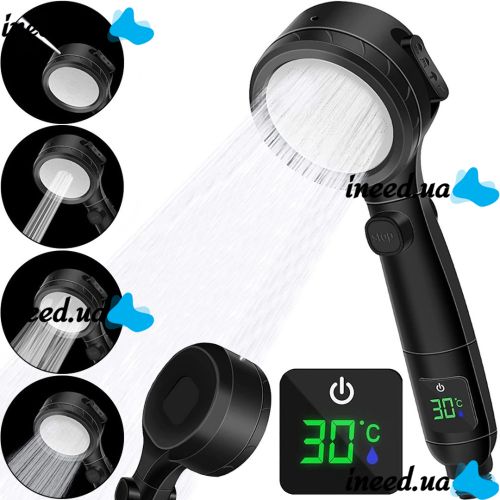 Shower head with Temperature Indicator Multifunctional Shower Head Shower Headset 4 jet modes, Turbo nozzle with LED display and Switch
